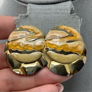 Large Vintage Statement Yellow Swirl Enamel Round Stud Earrings Gold Tone